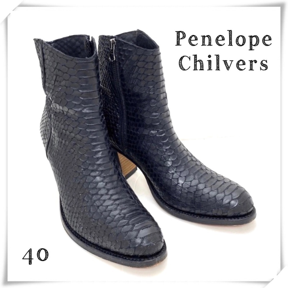PENELOPE Chilvers Snakeskin Leather Western Moto Ankle Boot in Jet Black